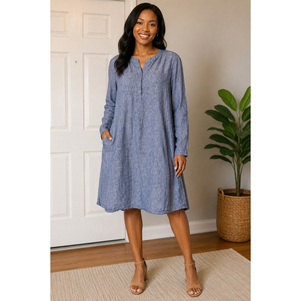Tahari Womens Blue Linen Blend Long Sleeve Tunic Dress Shirt Band Collar Size M